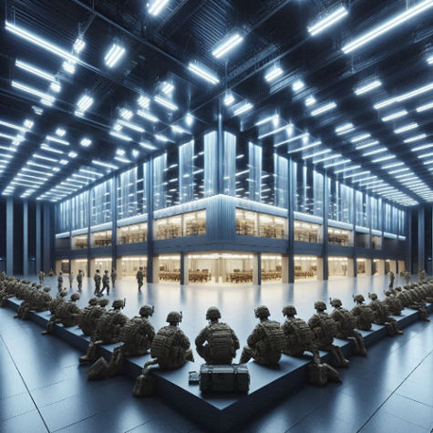 A modern military facility illuminated with sleek LED recessed lighting, enhancing visibility, safety, and efficiency.