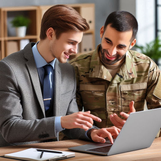 A web designer showing something to military officer in unifom on his laptop