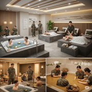 A group of soldiers are seen relaxing and receiving treatments in a modern Korean wellness spa, featuring hot tubs, massages, and mud baths, with a focus on tranquility and well-being.