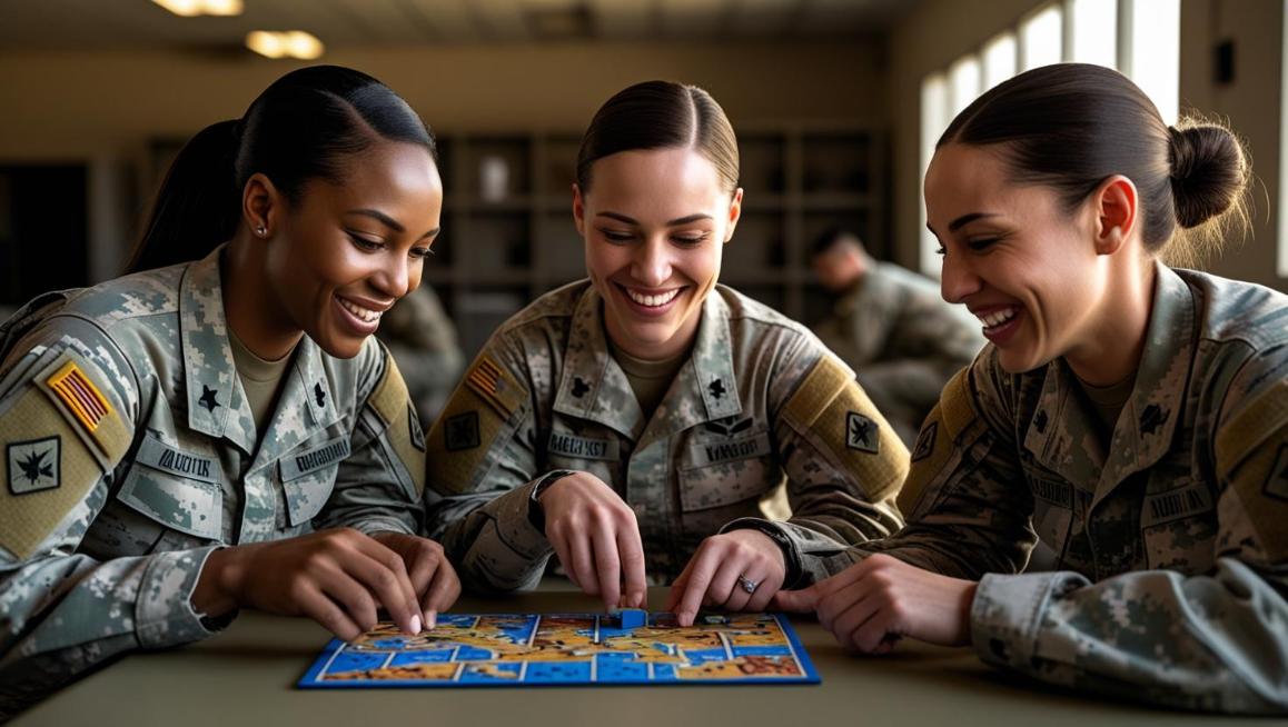 Soldiers in barracks playing puzzle game together during deployment with relaxed expressions.