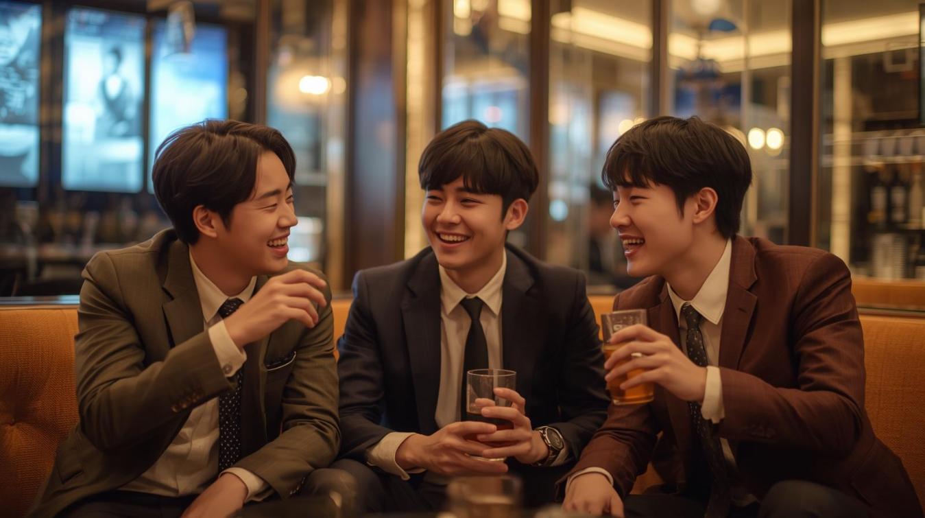 Three young men smiling in upscale lounge celebrating freedom after military service.