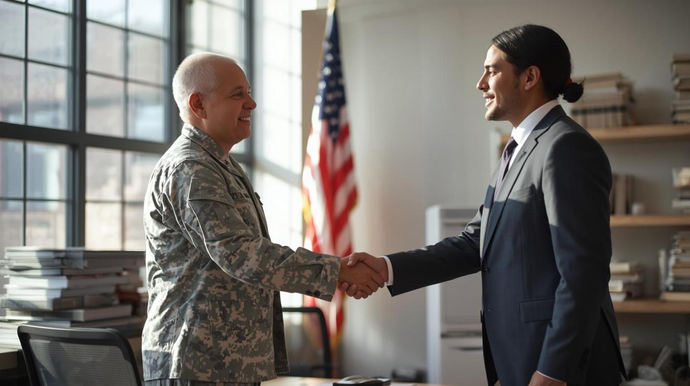 Veteran and lawyer shake hands in bright Dallas office with American flag nearby.