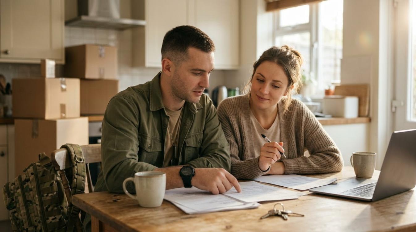 A military family reviewing paperwork for investing in real estate between relocations.